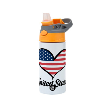 USA flag, Children's hot water bottle, stainless steel, with safety straw, Orange/Grey (360ml) BPA-FREE