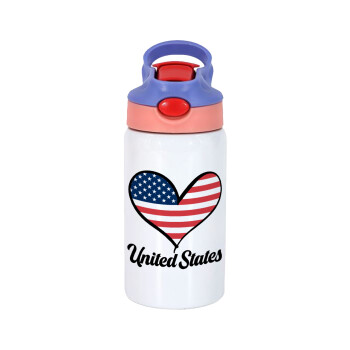 USA flag, Children's hot water bottle, stainless steel, with safety straw, pink/purple (350ml)