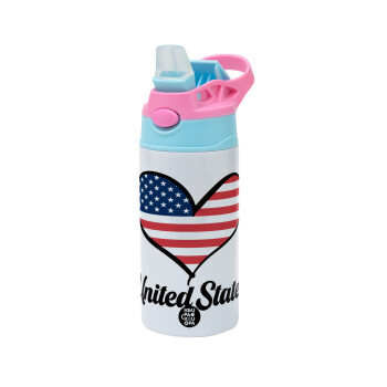 USA flag, Children's hot water bottle, stainless steel, with safety straw, Pink/BlueCiel (360ml) BPA FREE