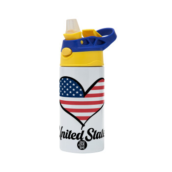 USA flag, Children's hot water bottle, stainless steel, with safety straw, green, blue (360ml) BPA FREE