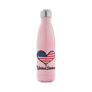 USA flag, Metal mug thermos Pink Iridiscent (Stainless steel), double wall, 500ml