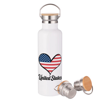 USA flag, Μεταλλικό παγούρι θερμός (Stainless steel) Λευκό με ξύλινο καπακι (bamboo), διπλού τοιχώματος, 750ml