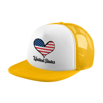 USA flag, Adult Soft Trucker Hat with Yellow/White Mesh (POLYESTER, ADULT, UNISEX, ONE SIZE)