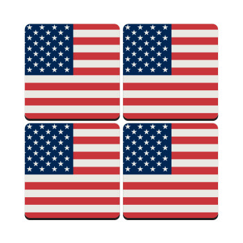 USA flag, ΣΕΤ 4 Σουβέρ ξύλινα τετράγωνα (9cm)