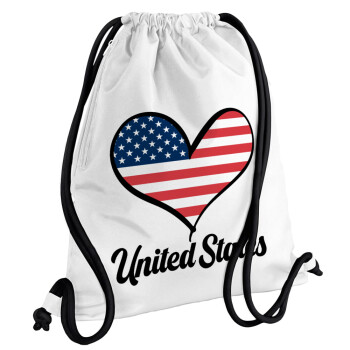 USA flag, Τσάντα πλάτης πουγκί GYMBAG λευκή, με τσέπη (40x48cm) & χονδρά κορδόνια
