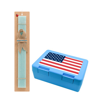 USA flag, Easter Set, children's snack container BLUE & Easter aromatic flat candle (30cm) (TURQUOISE)