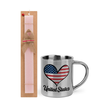 USA flag, Easter Set, metallic thermal cup (300ml) & aromatic flat Easter candle (30cm) (PINK)