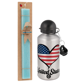 USA flag, Easter Set, metallic silver aluminum water bottle (500ml) & scented flat Easter candle (30cm) (TURQUOISE)