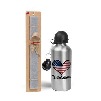 USA flag, Easter Set, metallic silver aluminum water bottle (500ml) & aromatic flat Easter candle (30cm) (GRAY)