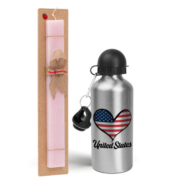 USA flag, Easter Set, metallic Silver aluminum water bottle (500ml) & scented flat Easter candle (30cm) (PINK)