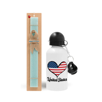 USA flag, Easter Set, metallic aluminum water bottle (500ml) & scented flat candle (30cm) (TURQUOISE)