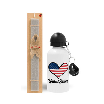 USA flag, Easter Set, metallic aluminum water bottle (500ml) & aromatic flat Easter candle (30cm) (GRAY)