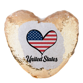USA flag, Μαξιλάρι καναπέ καρδιά Μαγικό Χρυσό με πούλιες 40x40cm περιέχεται το  γέμισμα