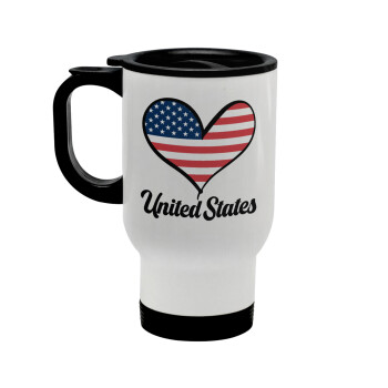 USA flag, Κούπα ταξιδιού ανοξείδωτη με καπάκι, διπλού τοιχώματος (θερμό) λευκή 450ml