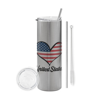 USA flag, Eco friendly ποτήρι θερμό Ασημένιο (tumbler) από ανοξείδωτο ατσάλι 600ml, με μεταλλικό καλαμάκι & βούρτσα καθαρισμού