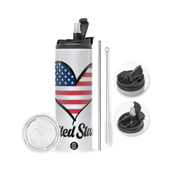 USA flag, Travel Tumbler θερμό με διπλό καπάκι, μεταλλικό καλαμάκι και βούρτσα καθαρισμού (Ανωξείδωτο 304 Food grade, BPA free, 600ml)