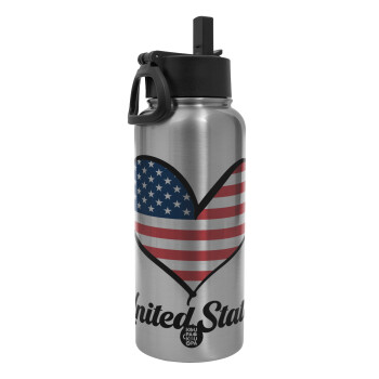 USA flag, Metal mug thermo Silver with Straw and Spout Lid (Stainless steel), double wall, 950ml