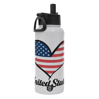 USA flag, Metal mug thermo White with Straw and Spout Lid (Stainless steel), double wall, 950ml