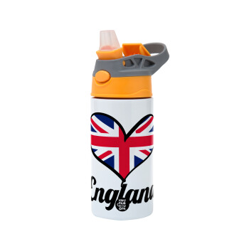 England flag, Children's hot water bottle, stainless steel, with safety straw, Orange/Grey (360ml) BPA-FREE