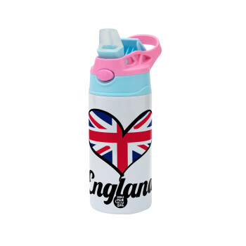 England flag, Children's hot water bottle, stainless steel, with safety straw, Pink/BlueCiel (360ml) BPA FREE