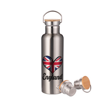 England flag, Stainless steel Silver with wooden lid (bamboo), double wall, 750ml