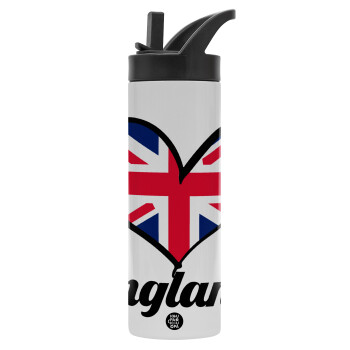 England flag, Metallic thermos bottle with straw & handle, stainless steel (Stainless steel 304), double-walled, 600ml.