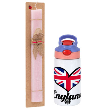 England flag, Easter Set, Children's thermal stainless steel water bottle with safety straw, pink/purple (350ml) & Easter scented flat candle (30cm) (PINK)