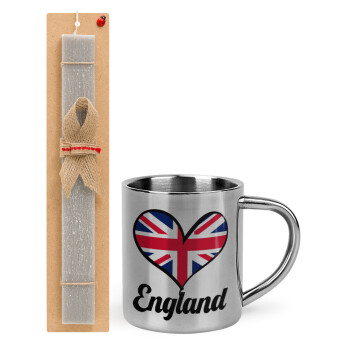 England flag, Πασχαλινό Σετ, μεταλλική κούπα θερμό (300ml) & πασχαλινή λαμπάδα αρωματική πλακέ (30cm) (ΓΚΡΙ)