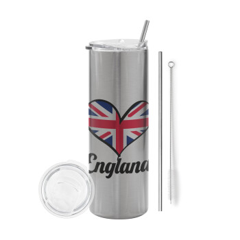 England flag, Eco friendly stainless steel Silver tumbler 600ml, with metal straw & cleaning brush
