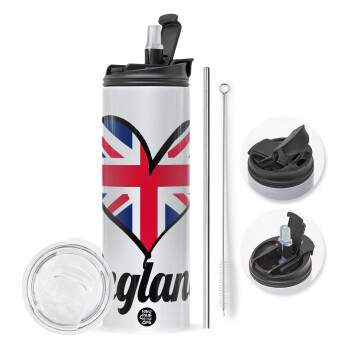 England flag, Travel Tumbler θερμό με διπλό καπάκι, μεταλλικό καλαμάκι και βούρτσα καθαρισμού (Ανωξείδωτο 304 Food grade, BPA free, 600ml)