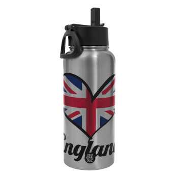 England flag, Metal mug thermo Silver with Straw and Spout Lid (Stainless steel), double wall, 950ml