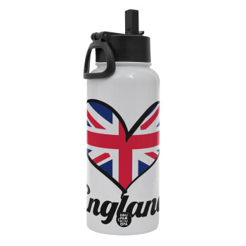 England flag, Metal mug thermo White with Straw and Spout Lid (Stainless steel), double wall, 950ml