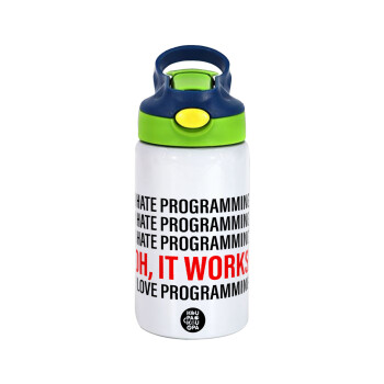 I hate programming!!!, Children's hot water bottle, stainless steel, with safety straw, green, blue (350ml)