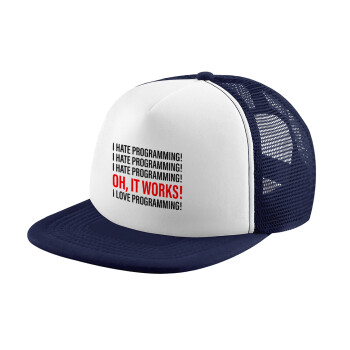 I hate programming!!!, Καπέλο Ενηλίκων Soft Trucker με Δίχτυ Dark Blue/White (POLYESTER, ΕΝΗΛΙΚΩΝ, UNISEX, ONE SIZE)