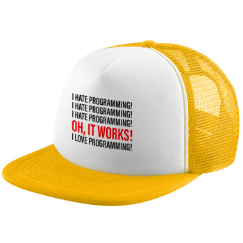 I hate programming!!!, Adult Soft Trucker Hat with Yellow/White Mesh (POLYESTER, ADULT, UNISEX, ONE SIZE)