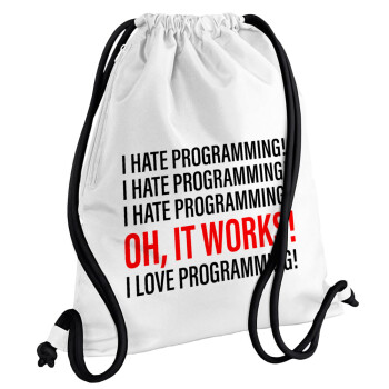 I hate programming!!!, Τσάντα πλάτης πουγκί GYMBAG λευκή, με τσέπη (40x48cm) & χονδρά κορδόνια