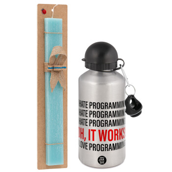 I hate programming!!!, Easter Set, metallic silver aluminum water bottle (500ml) & scented flat Easter candle (30cm) (TURQUOISE)