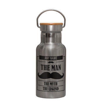 The man, the myth, Stainless steel metallic thermos flask, silver with a bamboo lid, double-walled, 350ml.