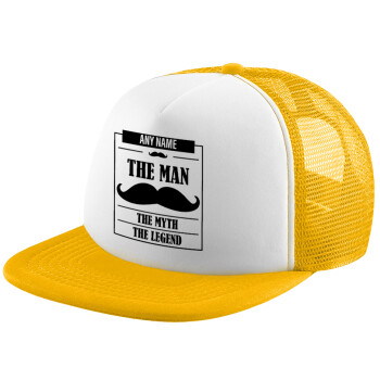 The man, the myth, Καπέλο Ενηλίκων Soft Trucker με Δίχτυ Κίτρινο/White (POLYESTER, ΕΝΗΛΙΚΩΝ, UNISEX, ONE SIZE)