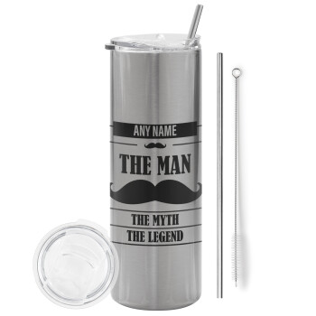 The man, the myth, Eco friendly ποτήρι θερμό Ασημένιο (tumbler) από ανοξείδωτο ατσάλι 600ml, με μεταλλικό καλαμάκι & βούρτσα καθαρισμού
