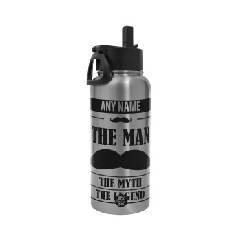 The man, the myth, Metal mug thermo Silver with Straw and Spout Lid (Stainless steel), double wall, 950ml