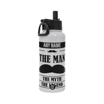 The man, the myth, Metal mug thermo White with Straw and Spout Lid (Stainless steel), double wall, 950ml