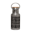 Stainless steel metallic thermos flask, silver with a bamboo lid, double-walled, 350ml.