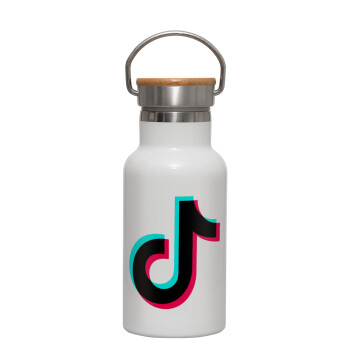 tik tok, Metallic thermos (Stainless steel) White with wooden lid (bamboo), double-walled, 350ml