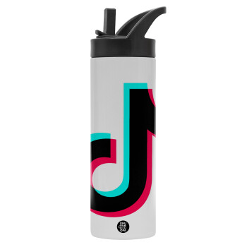 tik tok, Metallic thermos bottle with straw & handle, stainless steel (Stainless steel 304), double-walled, 600ml.