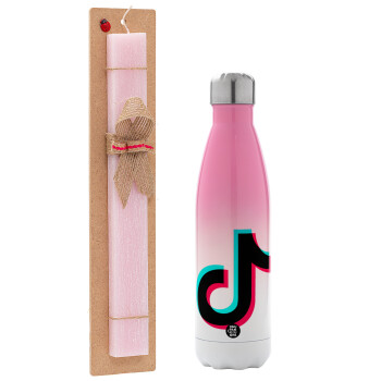 tik tok, Easter Set, Metallic pink/white (Stainless steel) thermos, double-walled, 500ml & aromatic flat Easter candle (30cm) (PINK)