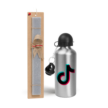 tik tok, Easter Set, metallic silver aluminum water bottle (500ml) & aromatic flat Easter candle (30cm) (GRAY)