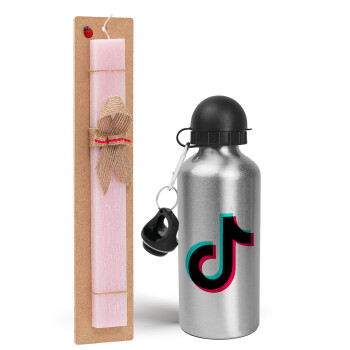 tik tok, Easter Set, metallic Silver aluminum water bottle (500ml) & scented flat Easter candle (30cm) (PINK)