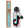 Easter Set, metallic silver aluminum water bottle (500ml) & scented flat Easter candle (30cm) (TURQUOISE)