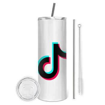 tik tok, Eco friendly ποτήρι θερμό (tumbler) από ανοξείδωτο ατσάλι 600ml, με μεταλλικό καλαμάκι & βούρτσα καθαρισμού